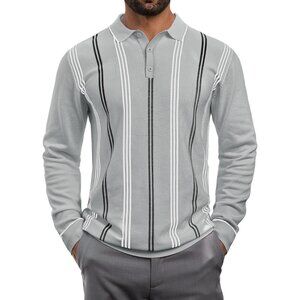 Men's Knit Polo Sweater Long Sleeve Striped Thermal Button Collar Sweater Grey